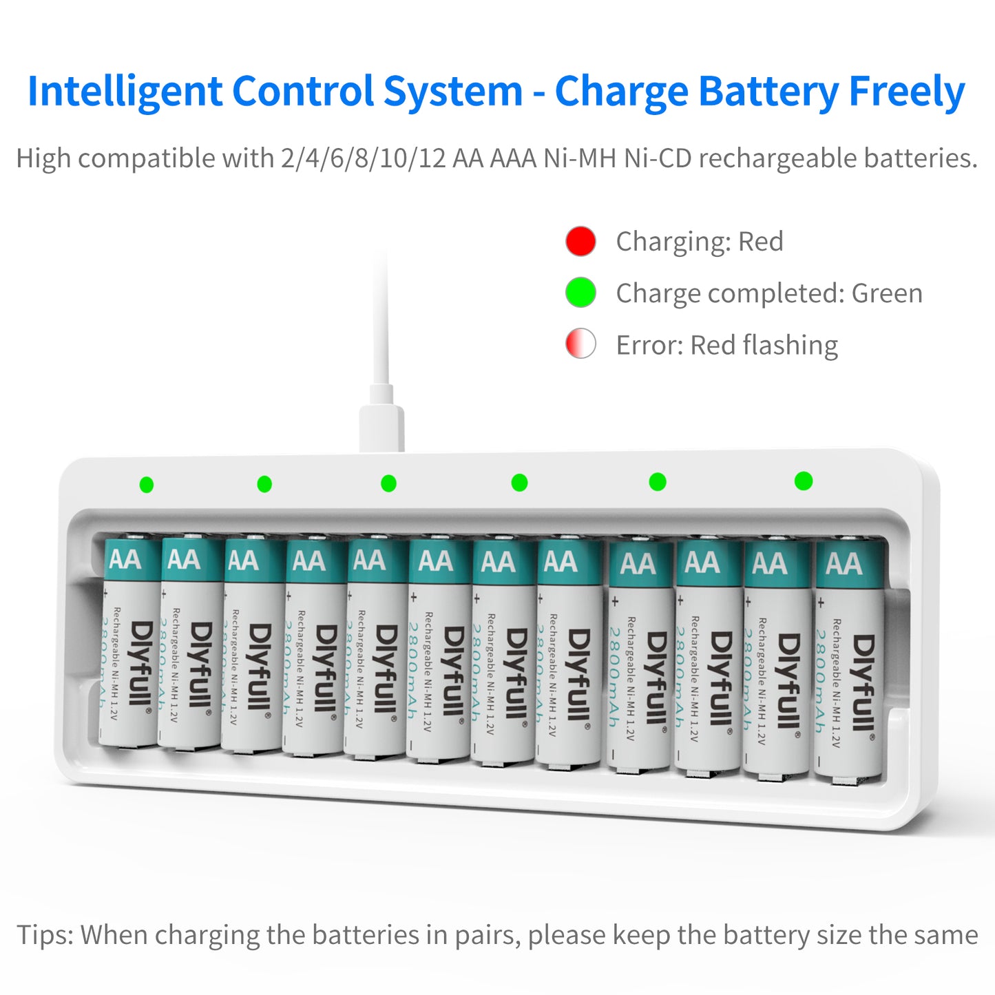 Dlyfull U12 12 Bays USB Charger for Ni-MH/CD Batteries 1.2V AA AAA Batteries