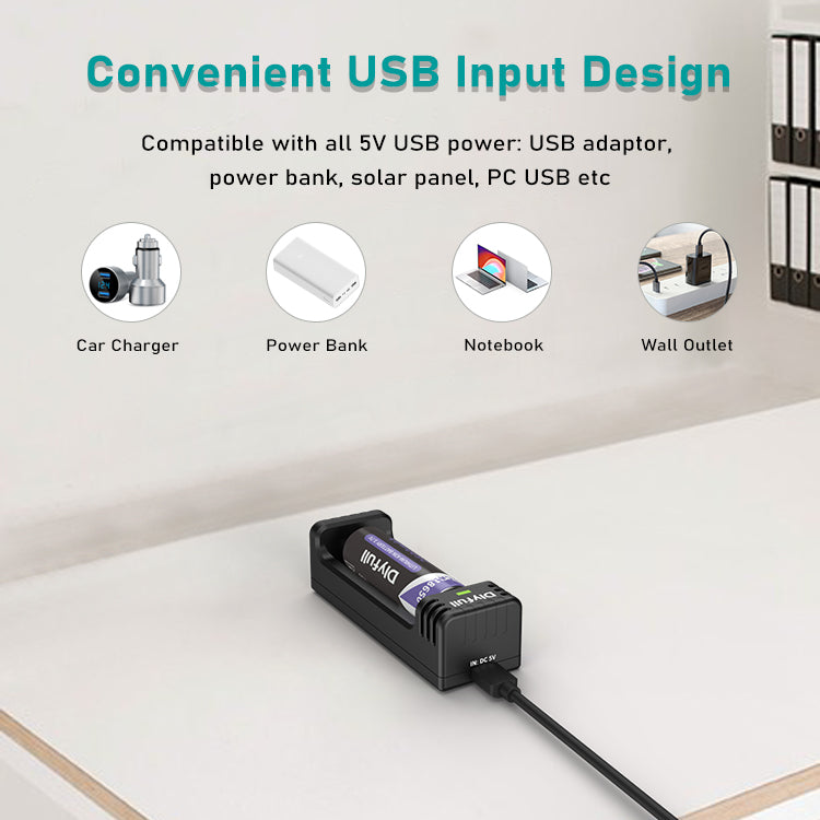 Dlyfull U1B 1 Bay USB Li-ion Battery Charger For 10340 18650 26650 Batteries etc.