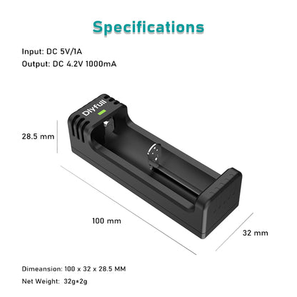 Dlyfull U1B 1 Bay USB Li-ion Battery Charger For 10340 18650 26650 Batteries etc.