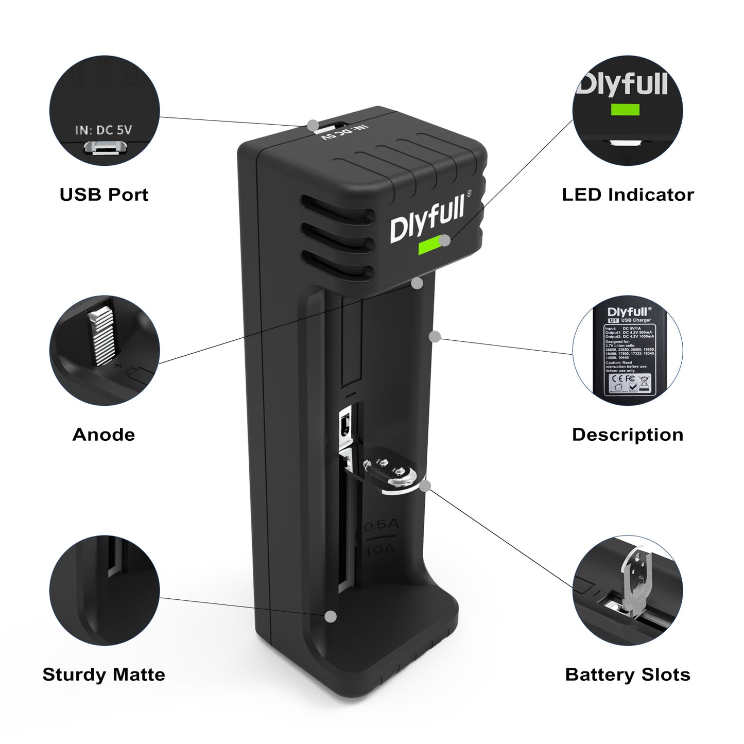 Dlyfull U1 1 Bay USB Uniersal LED Indication Charger Mini Design For 10340、18650、26650 etc.