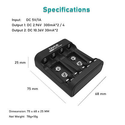 Dlyfull U4-9V 4 Bays USB Charger For 1.2V Ni-MH/CD  and 9V Size Batteries