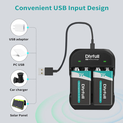 Dlyfull U9V 2 Bays USB 9V Battery Charger For Ni-MH/Ni-CD/Li-ion/LiFePO4 9V Batteries