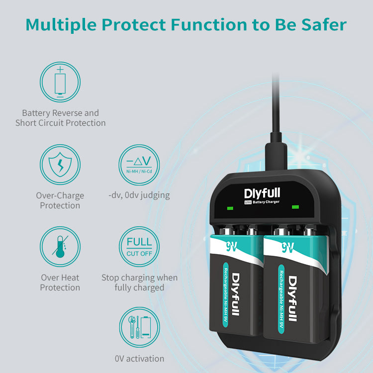 Dlyfull U9V 2 Bays USB 9V Battery Charger For Ni-MH/Ni-CD/Li-ion/LiFePO4 9V Batteries