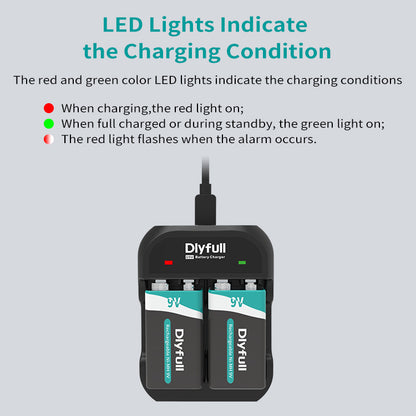 Dlyfull U9V 2 Bays USB 9V Battery Charger For Ni-MH/Ni-CD/Li-ion/LiFePO4 9V Batteries