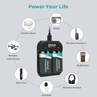 Dlyfull U9V 2 Bays USB 9V Battery Charger For Ni-MH/Ni-CD/Li-ion/LiFePO4 9V Batteries