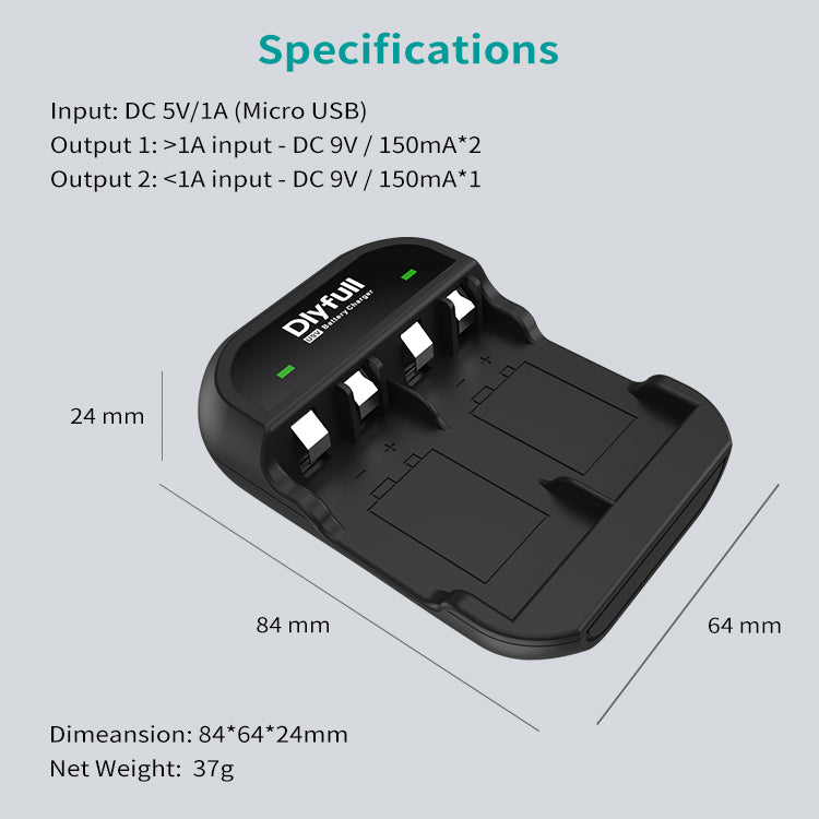 Dlyfull U9V 2 Bays USB 9V Battery Charger For Ni-MH/Ni-CD/Li-ion/LiFePO4 9V Batteries