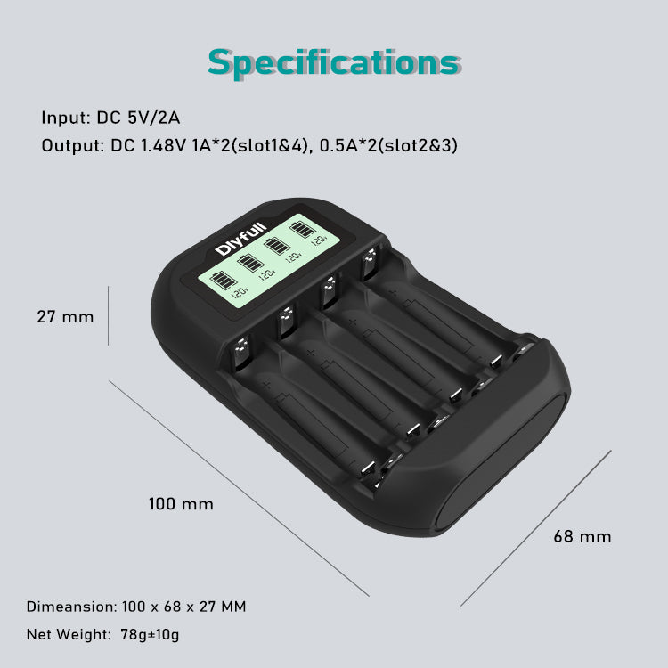 Dlyfull UN4 4 Bays USB Smart  LCD Charger For Ni-MH/Cd Batteries Ultra Fast 1A Charging