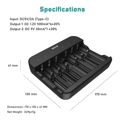 Dlyfull UN6 7 Bays USB Charger For Ni-MH/Cd Batteries AA AAA C D 9V