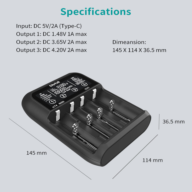 Dlyfull UT4 Test Charger With Type C InPut Touch Screen For Li-ion, LiFePO4 18650 22650 21700 32650 And NI-MH AA C D Battery Charger