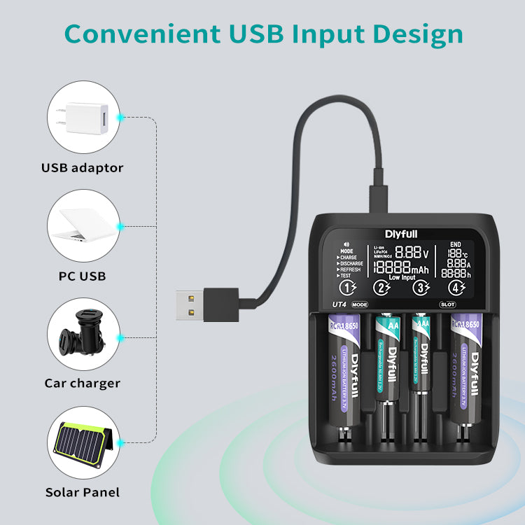 Dlyfull UT4 Test Charger With Type C InPut Touch Screen For Li-ion, LiFePO4 18650 22650 21700 32650 And NI-MH AA C D Battery Charger