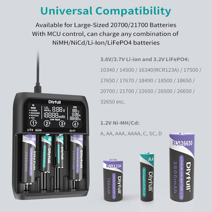 Dlyfull UT4 Test Charger With Type C InPut Touch Screen For Li-ion, LiFePO4 18650 22650 21700 32650 And NI-MH AA C D Battery Charger