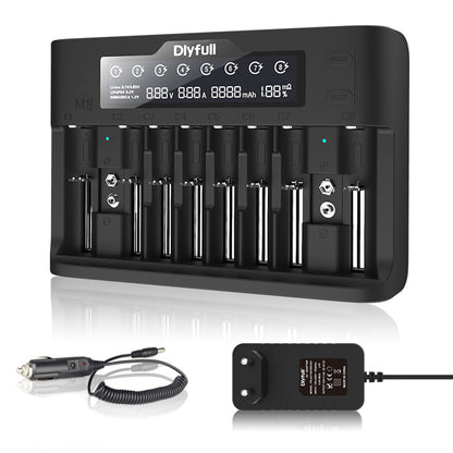 Dlyfull M8 10 Slots Universal Battery Charger for Ni-MH Li-ion LiFePO4 AA AAA C 9V 18650 21700 Battery with 8A Fast Charging